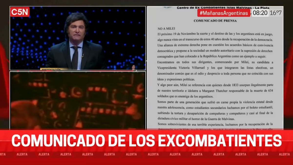 ⭕️#ALERTA ➡️Comunicado de excombatientes de Malvinas 🗨️"NO A MILEI" 🗨️"Una alianza de extrema derecha pone en cuestión los acuerdos básicos convivencia democrátcia" 📲 Seguí la transmisión EN VIVO por 👉