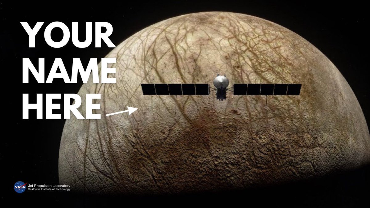 Time is running out to send your name to deep space aboard ARCHIVED - NASA Europa Clipper! ⏰ Submit your name by Dec. 31 to be engraved on a chip that will travel 1.8 billion mi (2.6 billion km) to explore one of Jupiter’s moons, Europa. Learn more: