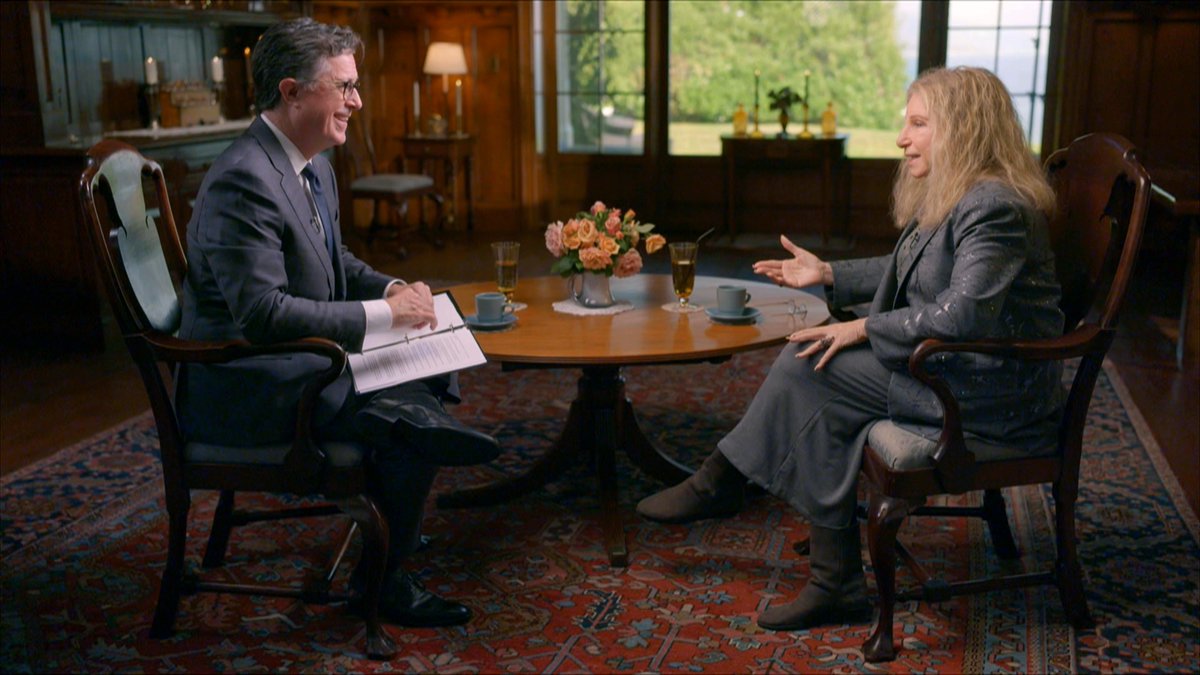 The lovely Barbra Streisand shares what an evening at home is like with #JamesBrolin and her beloved dogs. 🐶🏡 #Colbert