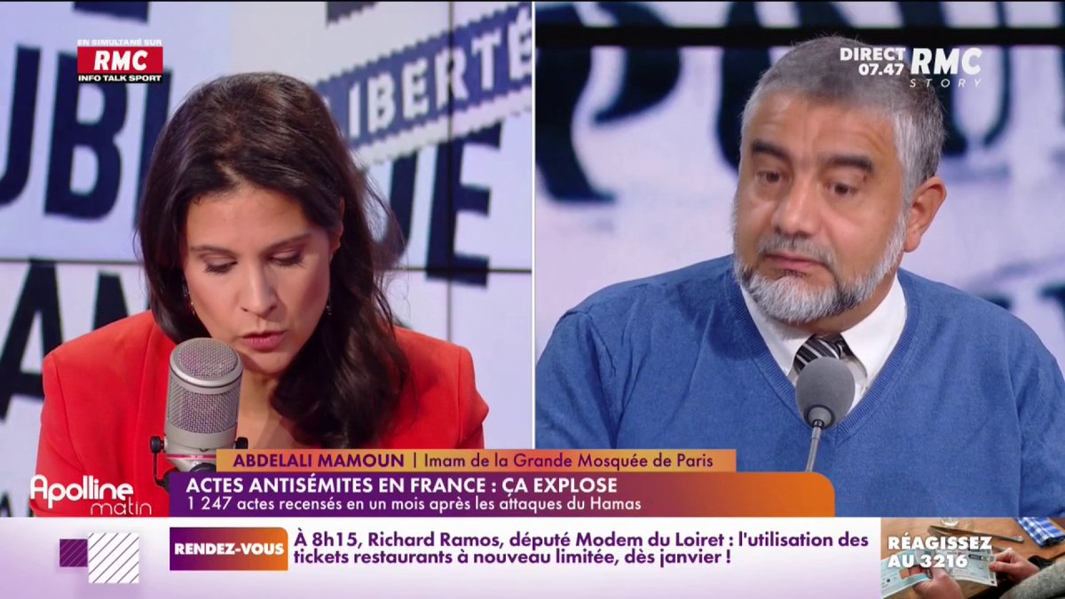 🎙 Abdelali Mamoun, imam de la Grande mosquée de Paris, sur RMC : "Le Hamas sont des Palestiniens élus par des Palestiniens qui, pour réveiller l'opinion sur le sort de Gaza, a décidé de tuer. Au Proche-Orient, c'est une succession de crimes de guerre." #ApollineMatin
