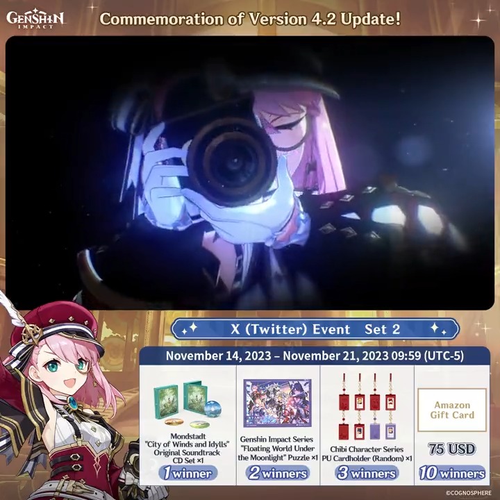 ✨Day 1✨ Commemoration of Version 4.2 Update! #GenshinImpact3Years X (Twitter) Event - Set 2 How to Participate: ① Follow Genshin Impact ② Retweet this post And you can instantly receive the event results! Event Rules: #FollowGenshinImpact