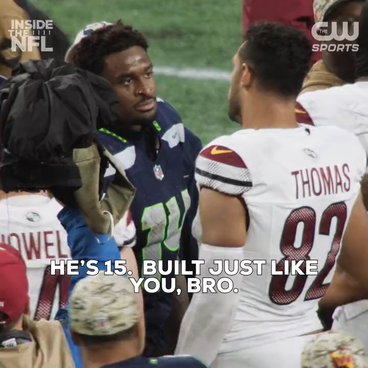 Really cool moment between DK Metcalf and Logan Thomas after their game on Sunday... DK didn't even think twice about it.... "Give this to him." (via NFL Films)