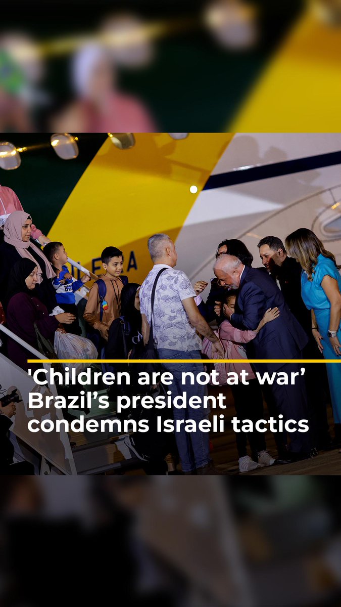 "Children are not at war.” Brazil’s president, Luiz Inacio Lula da Silva said Israel is responsible for acts of terrorism as he greeted citizens of Brazil who were able to leave Gaza and be repatriated ⤵️