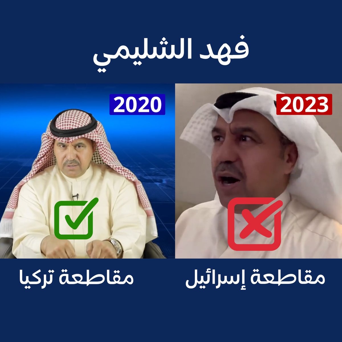 المدعو فهد الشليمي أثناء مقاطعة المنتجات التركية عام 2020 عمل حلقة لتحية الشعب السعودي والرد على من يرفضون المقاطعة! في 2023 أثناء القصف العنيف وقتل آلاف المسلمين من الكيان الصهيوني يخرج ويسخر من المقاطعة ويقول عنها سخيفة! ما الوصف المناسب لمثل هذا الشخص؟!