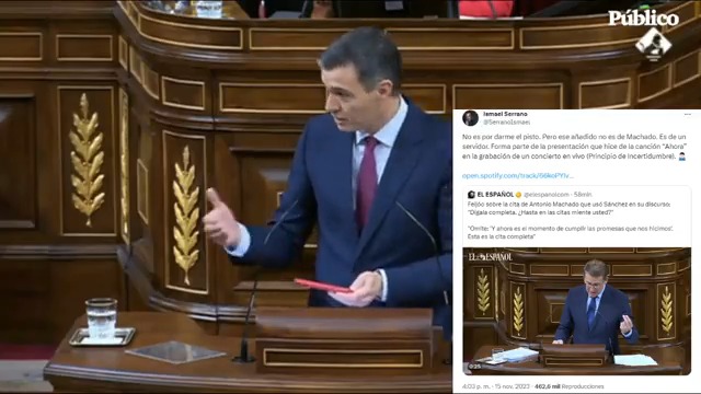 Este no solo es uno de los mayores zascas y ridículos de la historia, es un ejemplo claro del método de la derecha actual, principio de transposición, acusa a tu rival de lo que tu haces. Feijóo añade una frase de Ismael Serrano a la cita de Machado durante la #Investidura.