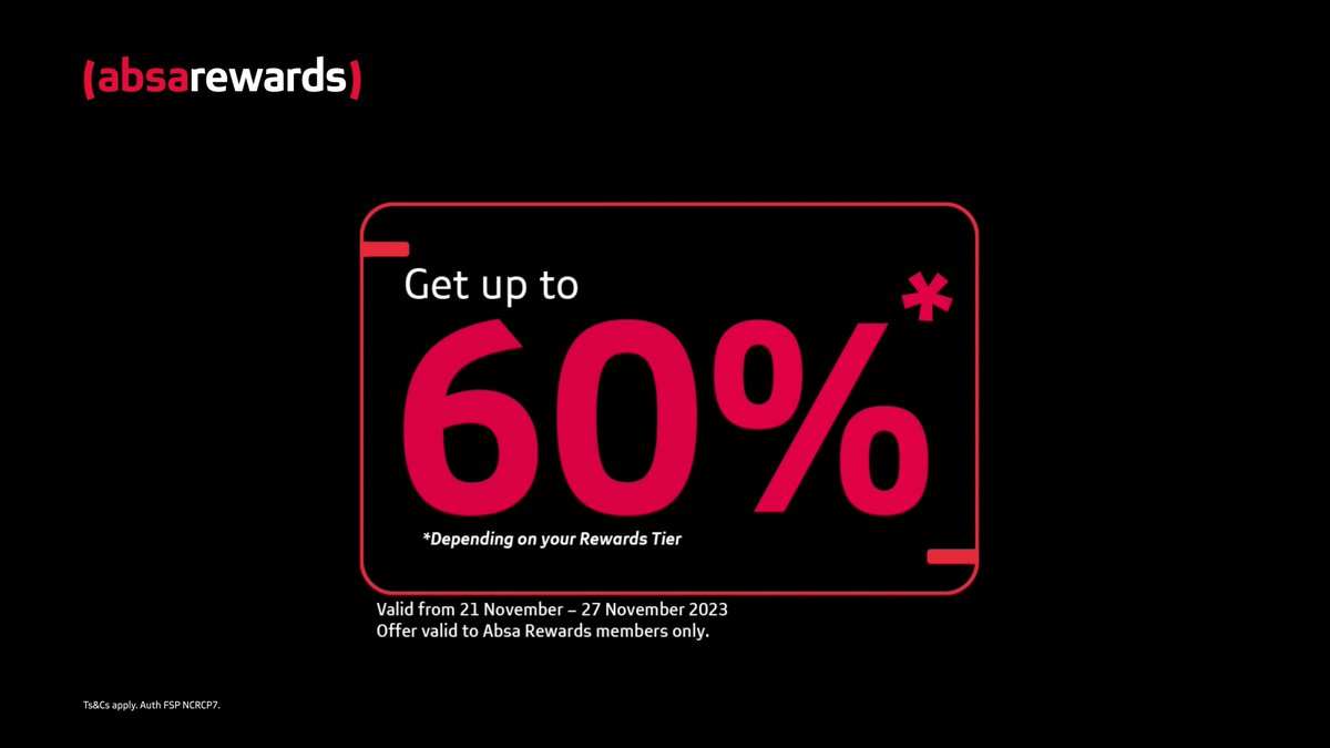 Take advantage of Black Friday and Cyber Monday savings! Get up to 60%* real cash back depending on your rewards tier when you swipe and spend using your Absa Visa card at our Rewards partners. Offer valid from 21 – 27 November 2023. Ts&Cs apply.