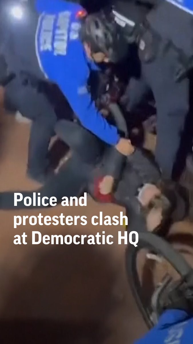 Police and protesters clashed outside DNC headquarters Wednesday during a demonstration for a cease-fire in the Israel-Hamas war. Police said about 150 people were “violently protesting.” But protesters blamed police for the violence, saying officers rushed them without warning.