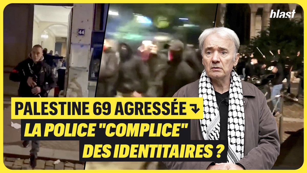 Palestine 69 agressée : la police "complice" des identitaires ? Le 11 novembre à Lyon, des militants d’extrême droite ont attaqué à coups de bar de fer et de mortiers une conférence pro-palestinienne Je suis parti à Lyon pour prendre leur témoignage