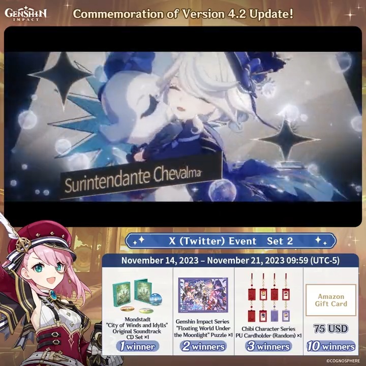 ✨Day 5✨ Commemoration of Version 4.2 Update! #GenshinImpact X (Twitter) Event - Set 2 How to Participate: ① Follow Genshin Impact ② Retweet this post And you can instantly receive the event results! Event Rules: #FollowGenshinImpact