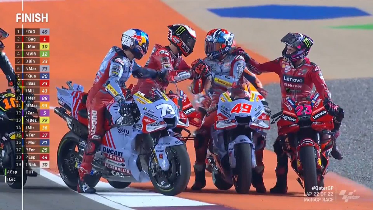 THAT. IS. BEAUTIFUL. ๐ฅฒ Fantastic respect from Pecco Bagnaia and all of the #MotoGP riders. They all know how much that one means to Fabio Di Giannantonio ๐ #QatarGP ๐ถ๐ฆ