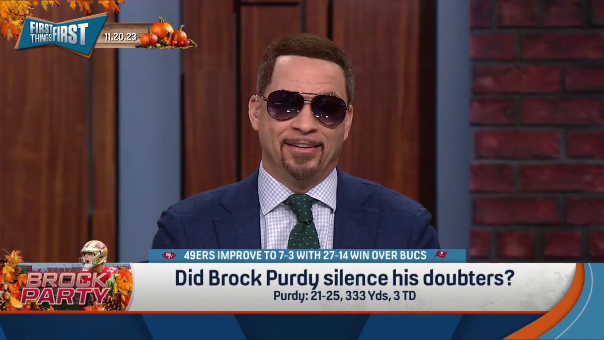 "Brock Purdy became the only QB in 49ers history to have a perfect passer rating, when throwing more than 20 passes. That's special." — Chris Broussard on if Purdy silenced his doubters, aka nick wright: