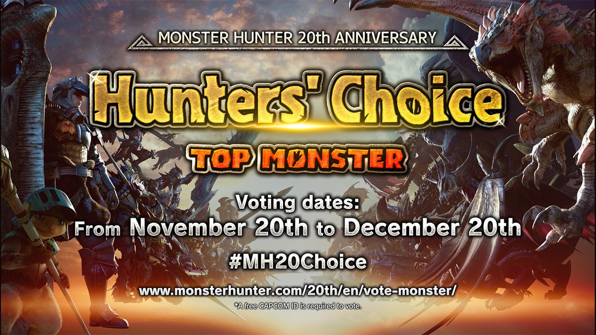 20 years. 229 monsters. Which monster reigns supreme? Hunters, it's your time to vote for your all-time top monster in this special 20th anniversary poll! Voting runs from November 20, 2023 to December 20, 2023. Vote now! 👉 #MH20Choice #MonsterHunter