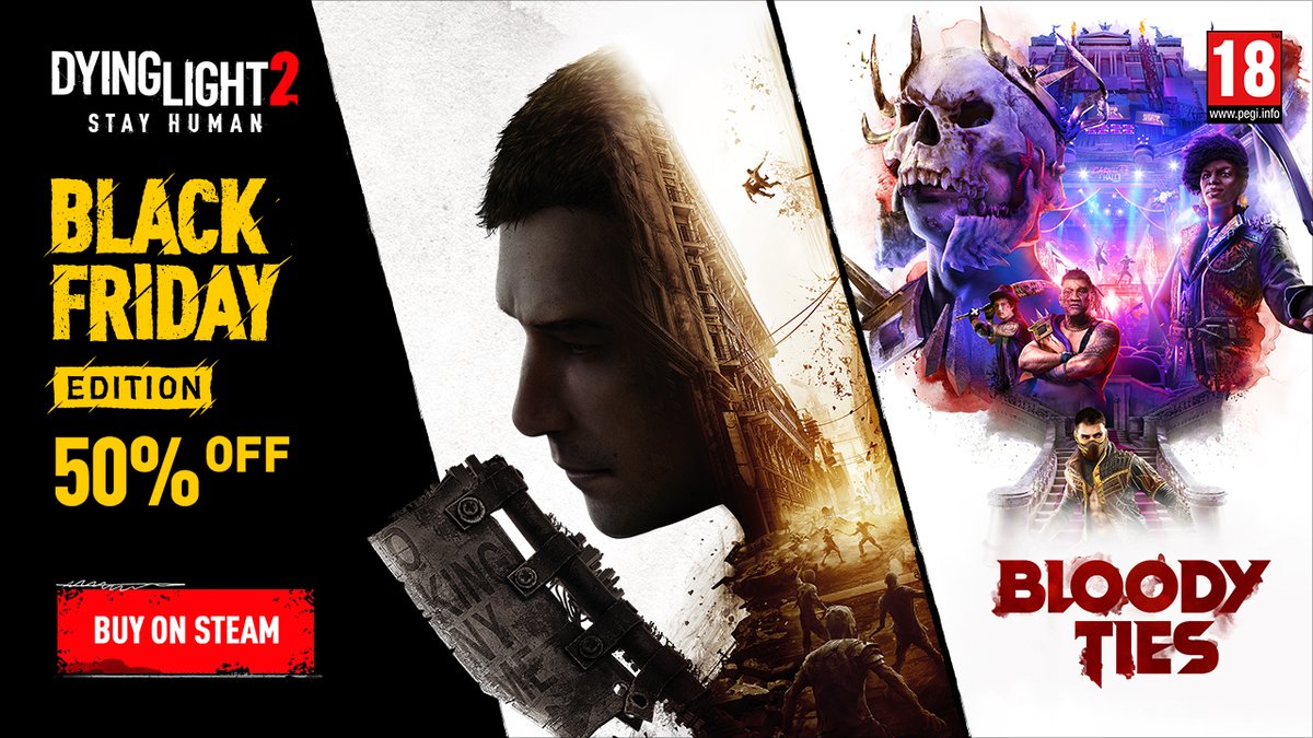 Black Friday Sale 📢 Get Dying Light 2 Stay Human at 50% off! Experience a zombie adventure that includes the base game and the Bloody Ties story DLC! 🧟‍♂️