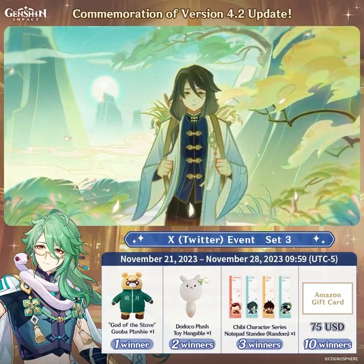✨Day 1✨ Commemoration of Version 4.2 Update! #GenshinImpact X (Twitter) Event - Set 3 How to Participate: ① Follow Genshin Impact ② Retweet this post And you can instantly receive the event results! Event Rules: #FollowGenshinImpact
