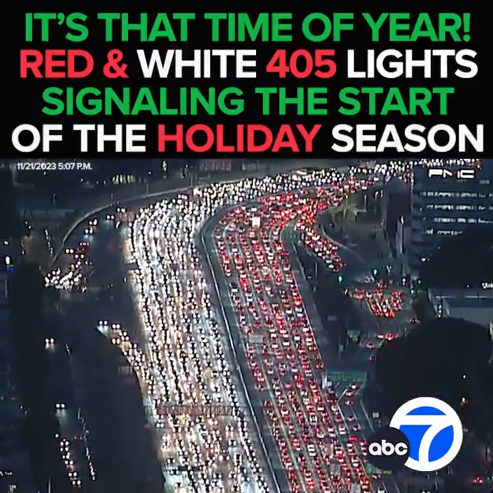 The twinkling red and white lights of gridlocked cars on the 405 heading out of town signaling the start of the holiday season. And this year, the traffic is starting earlier than ever. A live look at our freeways and airports - This morning at 6 from ABC7