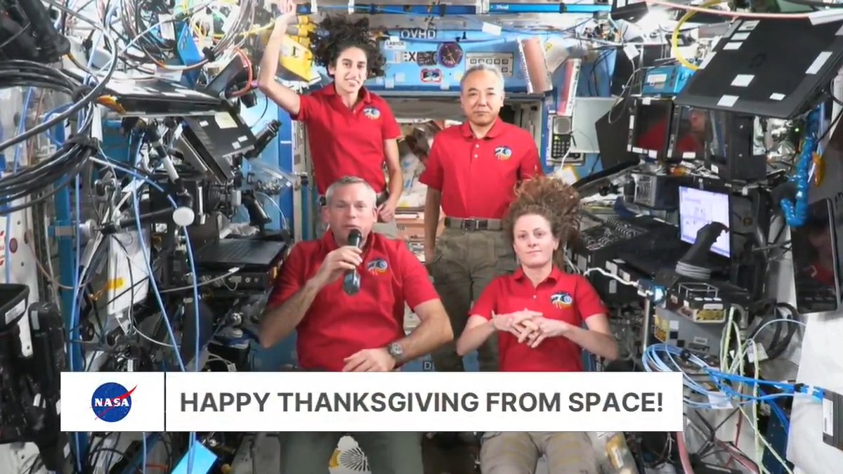 #HappyThanksgiving from space! Orbiting our planet, the International Space Station crew have sent a special Thanksgiving message for everyone on Earth—and showed off a few highlights from their upcoming Thanksgiving dinner, including the essential can of cranberry sauce.