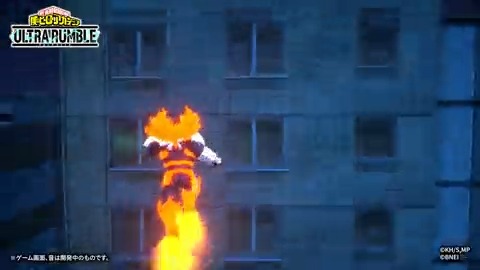 「エンデヴァー」 特殊アクション「ハイジャンプ&飛行(ひこう)」 通常のジャンプより高く跳躍するハイジャンプができるぞ! さらに空中でダッシュ操作をすると飛行移動も可能! #ヒロアカUR