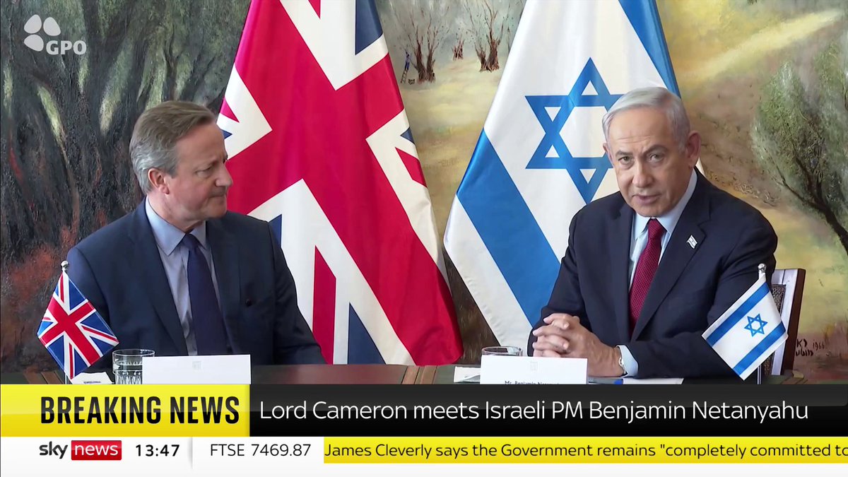 BREAKING: Lord Cameron meets Israeli PM Benjamin Netanyahu David Cameron tells the Israeli PM, "we stand with the people of Israel. It's important that we talk about the potential humanitarian pause. All of the hostages should be released." 📺Sky 501