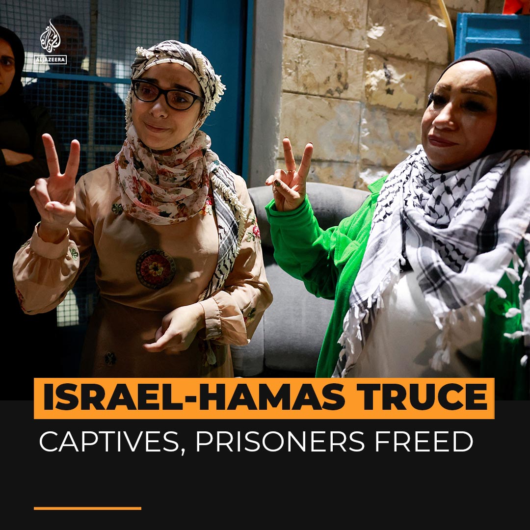 24 captives held by Hamas and 39 Palestinian prisoners held by Israel have been released. The exchange is part of the truce deal that also stipulates a four-day pause in the Israeli bombardment of the besieged Gaza Strip.