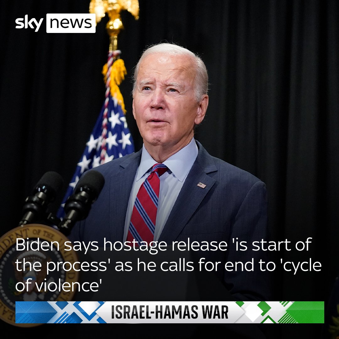 US President Joe Biden says today's release of hostages from Gaza is "the start of a process". He adds that "we need to renew our resolve to pursue this two-state solution where Israelis and Palestinians can one day live side by side". Latest: