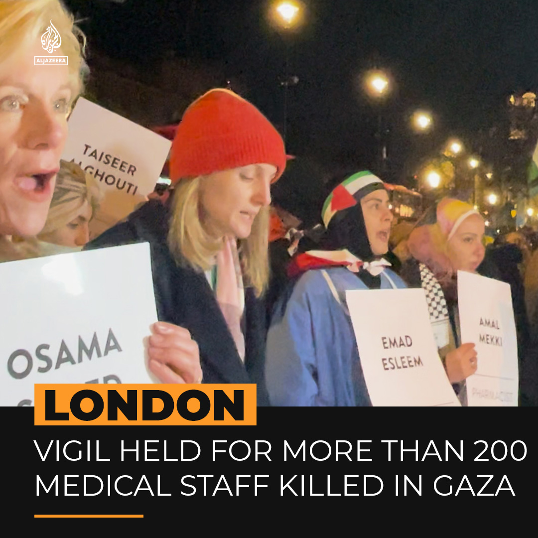 Healthcare workers in London are demanding a permanent ceasefire in Gaza as more than 200 Palestinian medical personnel have been killed by Israel since the war began ⤵️