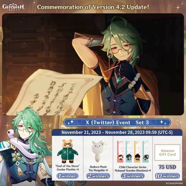 ✨Day 5✨ Commemoration of Version 4.2 Update! #GenshinImpact X (Twitter) Event - Set 3 How to Participate: ① Follow Genshin Impact ② Retweet this post And you can instantly receive the event results! Event Rules: #FollowGenshinImpact