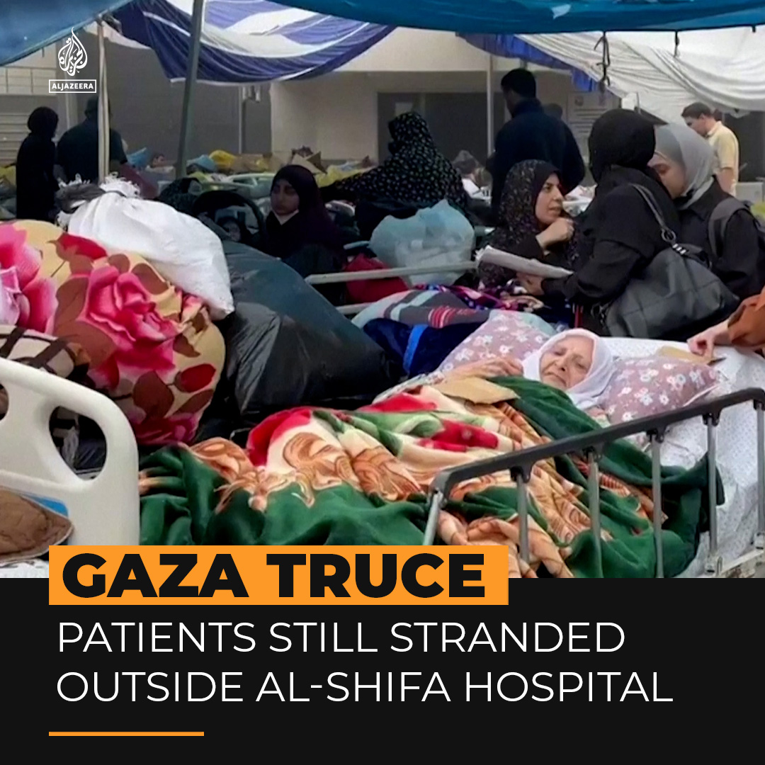 A new video from al-Shifa Hospital in Gaza shows the dire conditions at the medical facility, with many injured Palestinian patients stranded in hospital beds outside after a pause in Israeli attacks ⤵️
