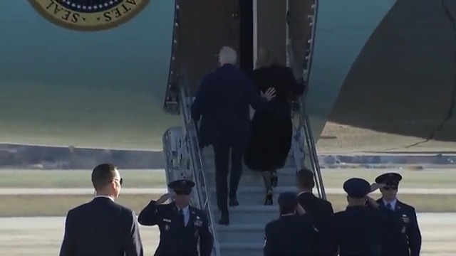 Joe Biden once again forced to use the “short stairs” on Air Force One by his handlers while holding onto Jill for dear life for stability This is your President, America.