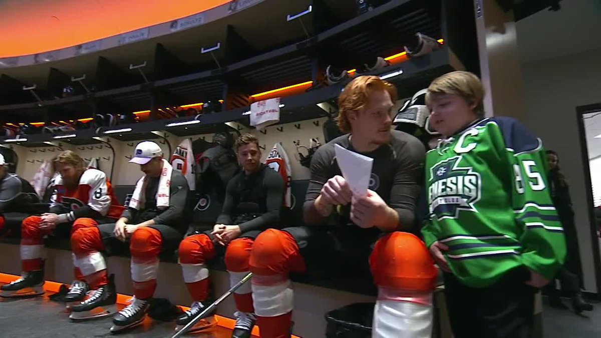 The rookie did the lineup reading like a seasoned pro. #HockeyFightsCancer | #LetsGoFlyers
