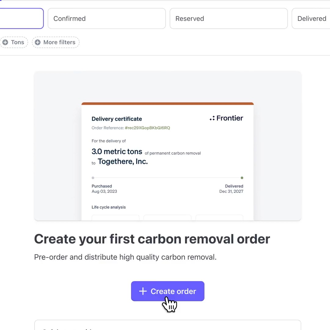 Climate Orders is now available. Pre-order tons of permanent carbon removal directly with the Dashboard or API.