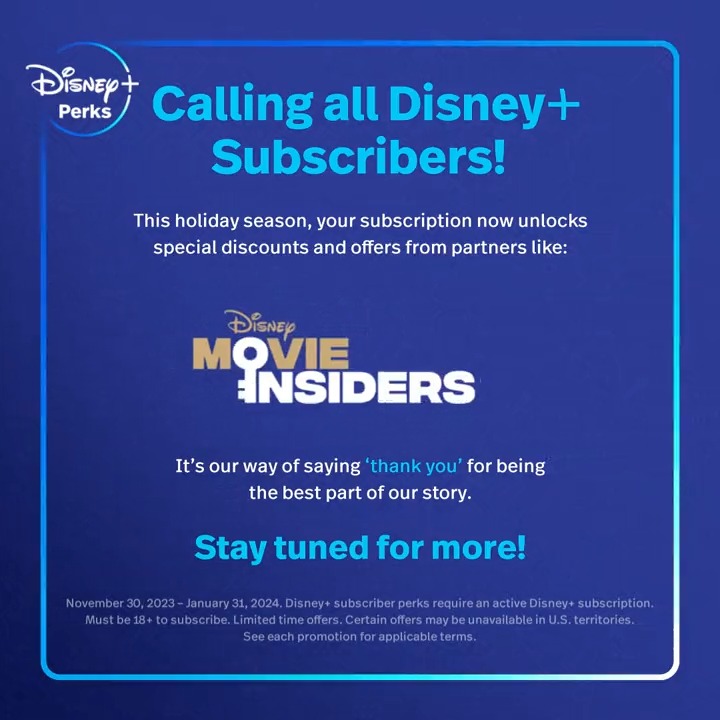 Being a #DisneyPlus subscriber has its perks! ➕ This holiday season, we'll be sharing a variety of special discounts and offers only for Disney+ subscribers. Learn more here and stay tuned: