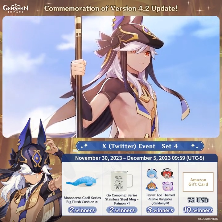 ✨Day 1✨ Commemoration of Version 4.2 Update! #GenshinImpact X (Twitter) Event - Set 4 How to Participate: ① Follow Genshin Impact ② Retweet this post And you can instantly receive the event results! Event Rules: #FollowGenshinImpact