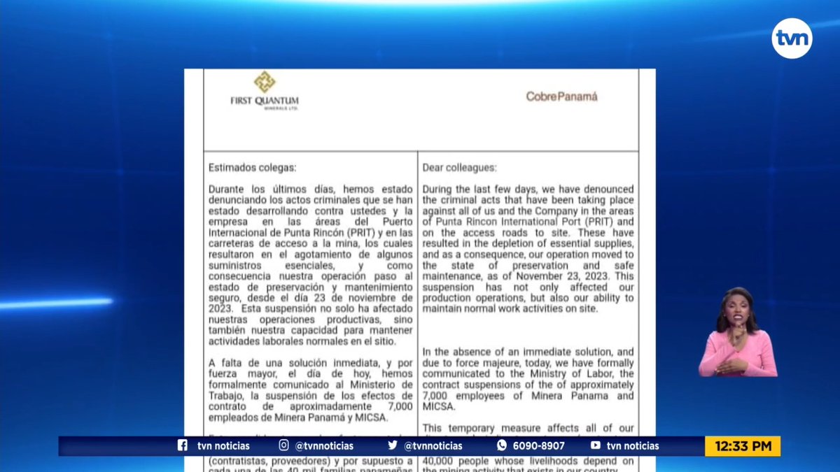 En un documento al que ha tenido acceso TVN Noticias, la empresa First Quantum notifico al Ministerio de Trabajo Desarrollo Laboral (Mitradel) sobre la suspensión de los efectos de contrato de aproximadamente 7 mil empleados de Minera Panamá y Micsa. #NoticiasTVN