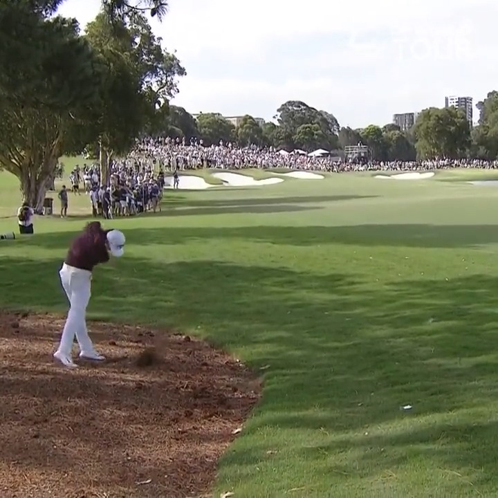 That's outrageous Min Woo Lee 😮💨 Off the pine straw to set up an eagle finish and open up a three-shot lead. #AusOpenGolf