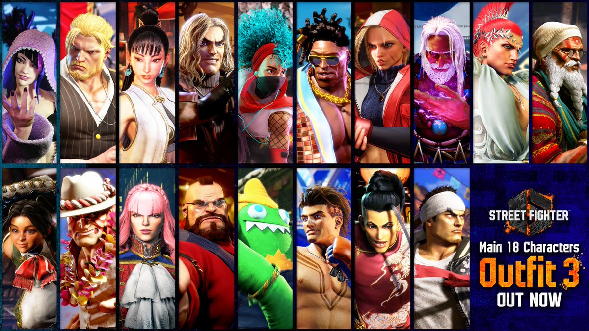Pajamas, traditional garb, casual attire, and more fierce fashion! Outfit 3 for all 18 launch characters are now available in #StreetFighter6.