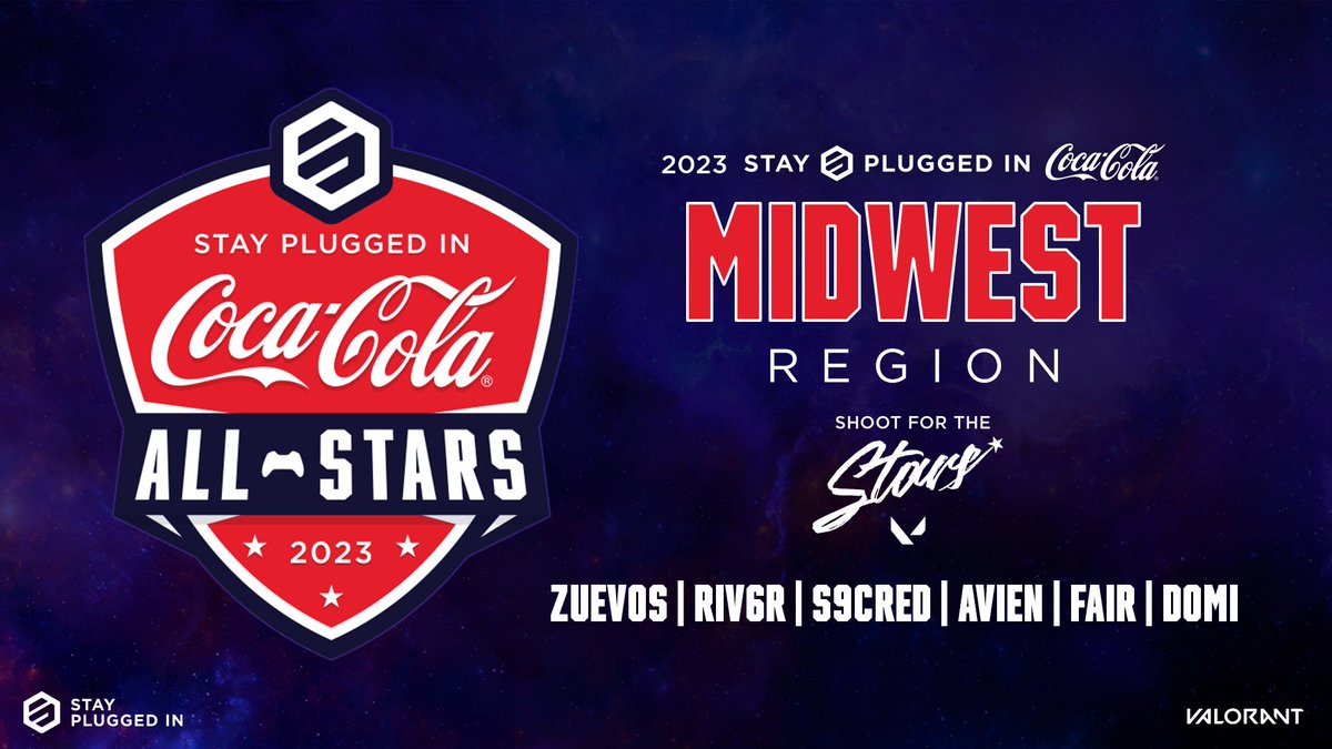Introducing your VALORANT Midwest Region SPIN Coca-Cola All-Stars 🌟 Zuevos (C) river 🌊 sacred 🙏 avien 🦉 @FairAIMS 🎡 @domiscardigli 🦾 #ShootfortheStars💫
