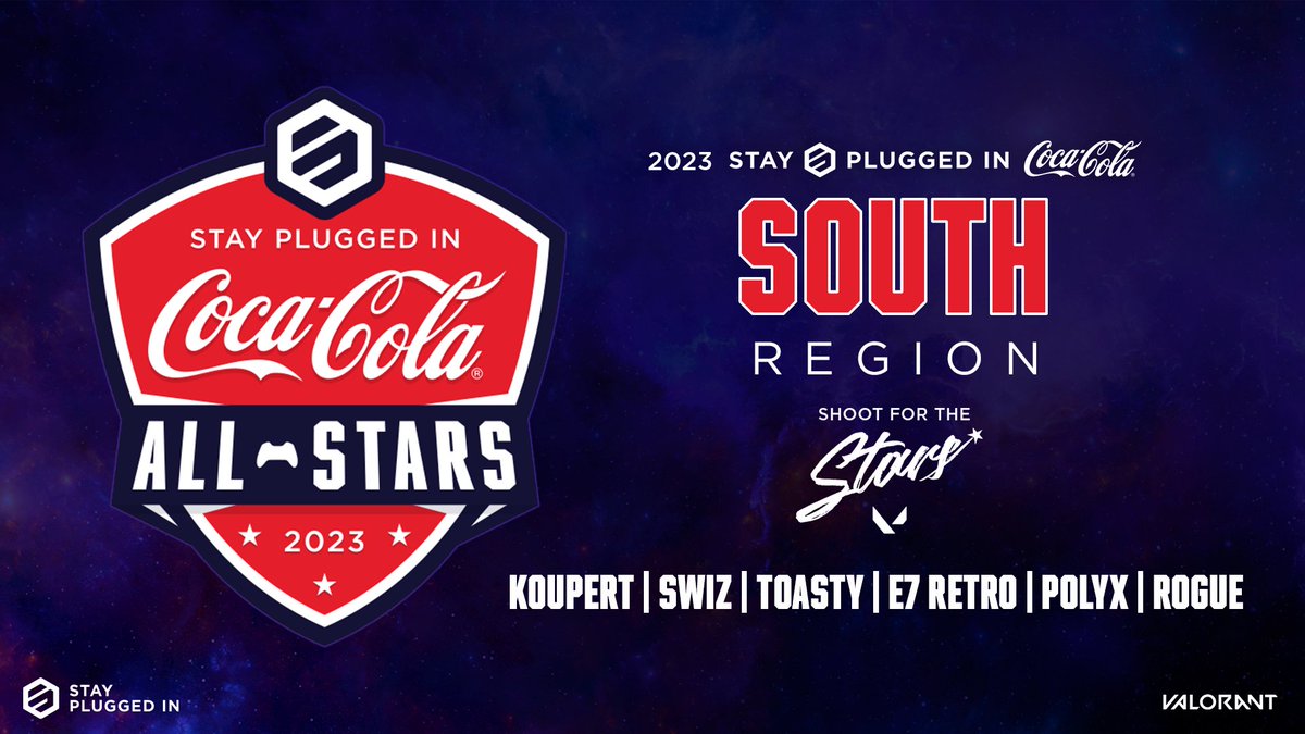 It's time to meet your VALORANT South Region SPIN Coca-Cola All-Stars 🌟 shane 🕺 (C) 👑 swizleGODᅠ 🍥 Toasty 🍞 Retro 📸 Decker Kelly 💀 Rogue 🥷 #ShootfortheStars💫