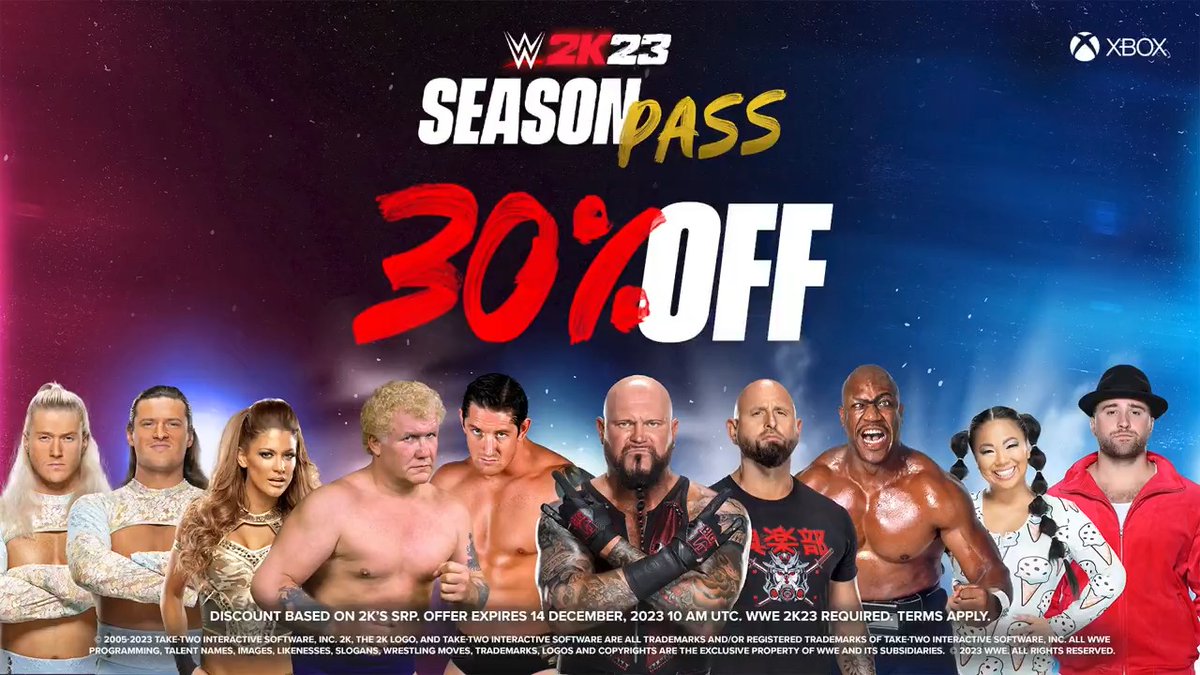 The #WWE2K23 Season Pass makes your roster Even Stronger. Available at 30% off this weekend on XBOX, featuring a collection of WWE Superstars and Legends.