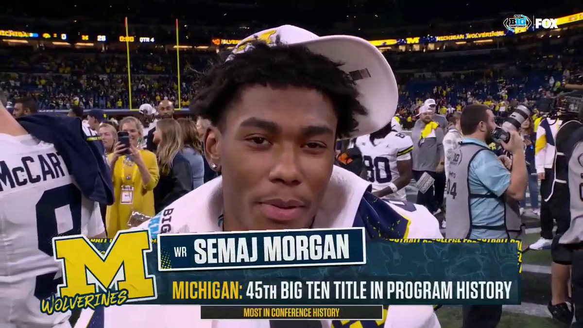 "My first time doing it in a game I was like 'Bruh, I gotta go crazy', but I kinda lost a little gas out there." 😂 Jenny Taft talks with Michigan Football's Semaj Morgan after a memorable punt return in the Big Ten Championship ⬇️