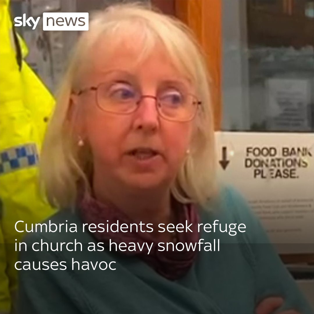 A major incident has been declared in Cumbria, as heavy snowfall 🌨️continues to cause havoc on the local road network. Cumbria residents spoke to Sky News as they sought refuge at Ambleside Parish.