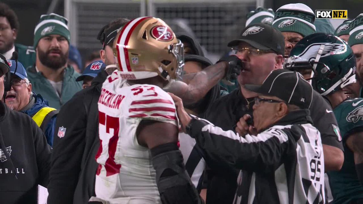 Dre Greenlaw was called for a personal foul after this interaction with Eagles security staffer Dom DiSandro. Both were ejected from the game. 📺 FOX