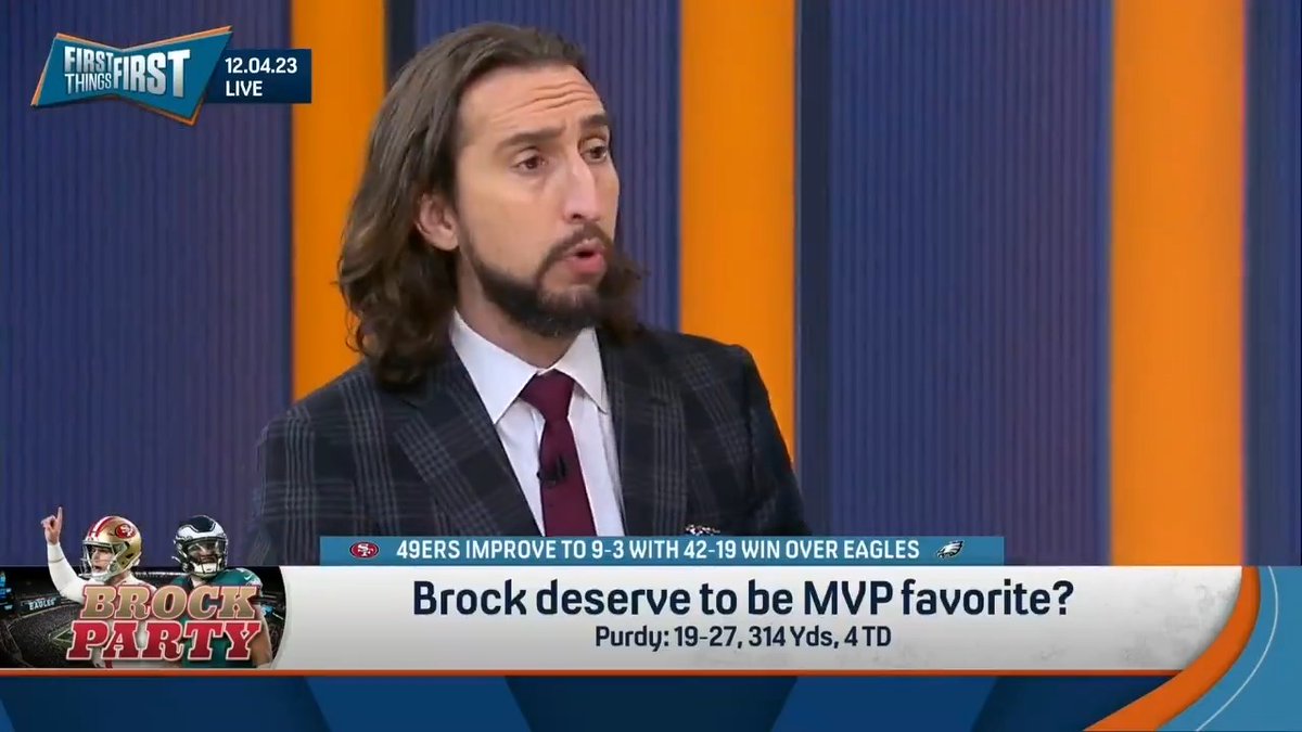 Brock Purdy went 19-for-27 with 314 yards, 4 TD in the 49ers 42-19 win over the Eagles, and nick wright still doesn't think he's the MVP. "Was Purdy the best player on his team yesterday? ... I'm not knocking him. But we skipped all of the steps. He's not the driving force."