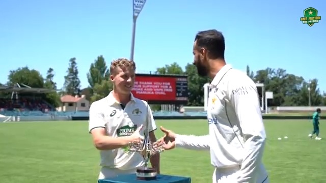 Glittering trophy unveiled ๐๐ซ Hear from the captains as they look forward to the four-day game starting at Manuka Oval tomorrow ๐ #AUSvPAK
