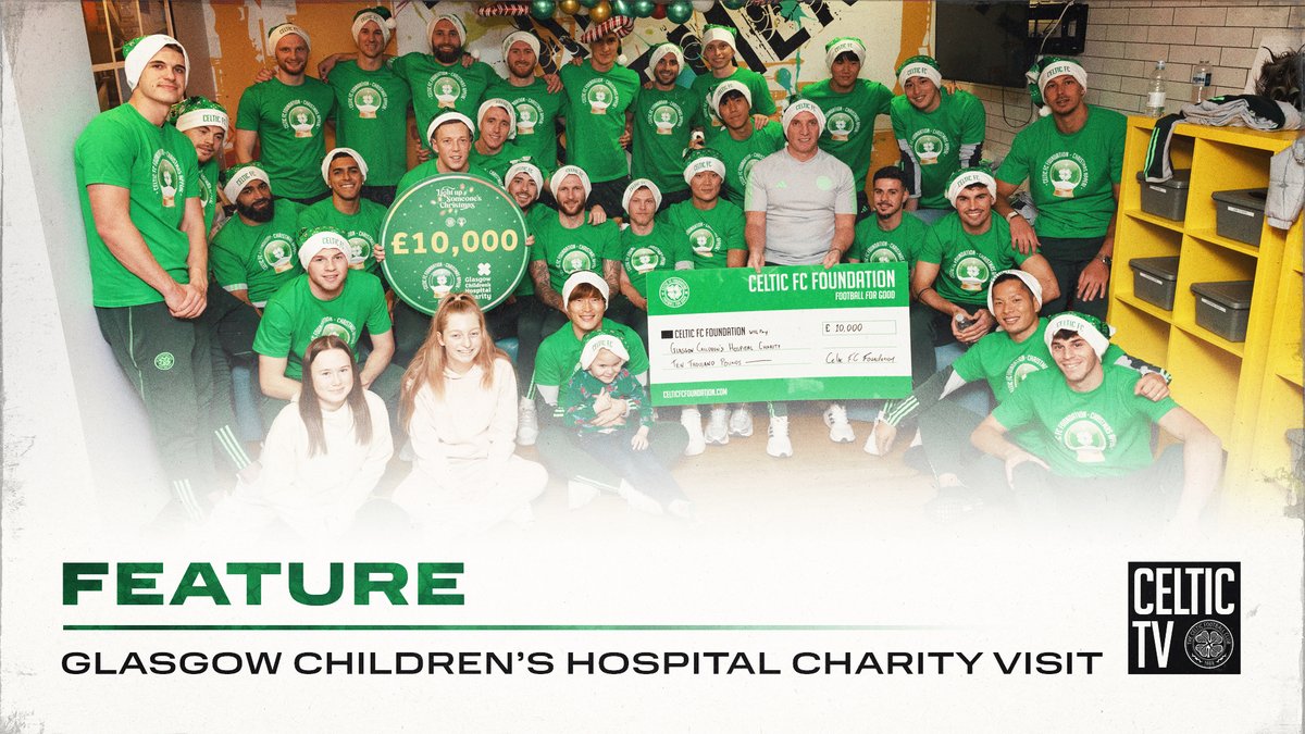 🎄 Watch as the #CelticFC Squad brought Christmas Cheer to Kids through Annual Hospital Visit The Hoops visited Royal Hospital for Children, Glasgow to bring some Christmas cheer & to present a donation of £10,000 to support the work of Glasgow Children's Hospital Charity, on behalf of Celtic FC Foundation 🍀