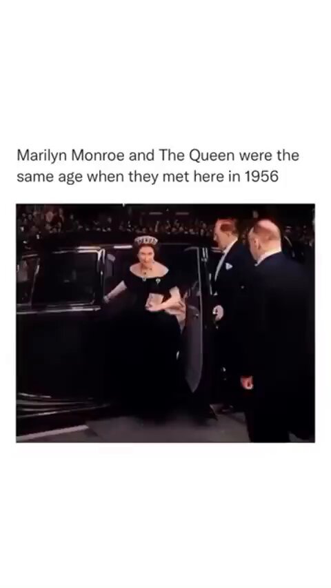 Marilyn Monroe and Queen Elizabeth (both 30 at the time) meet at a movie premier in London. October 1956.