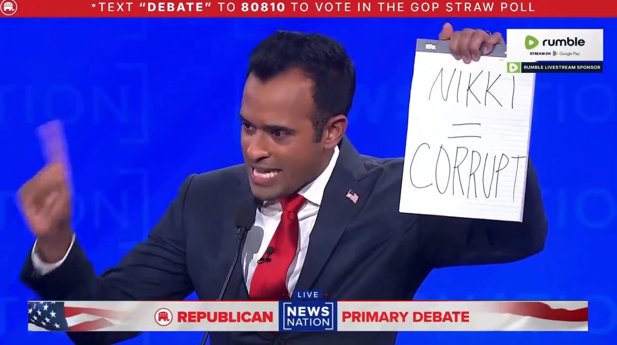 One of the most noteworthy moments of the night when Vivek Ramaswamy attacks Nikki Haley: "Nikki is corrupt. This is a woman who will send your kids to die so she can buy a bigger house."