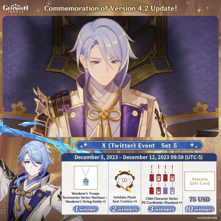 ✨Day 3✨ Commemoration of Version 4.2 Update! #GenshinImpact X (Twitter) Event - Set 5 How to Participate: ① Follow Genshin Impact ② Retweet this post And you can instantly receive the event results! Event Rules: #FollowGenshinImpact