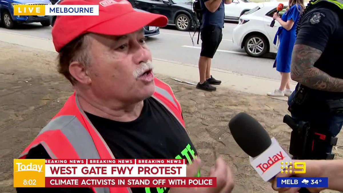 JUST IN: Police are right now in a standoff with Climate Protesters blocking the West Gate Freeway off-ramp. Izabella Staskowski #9News