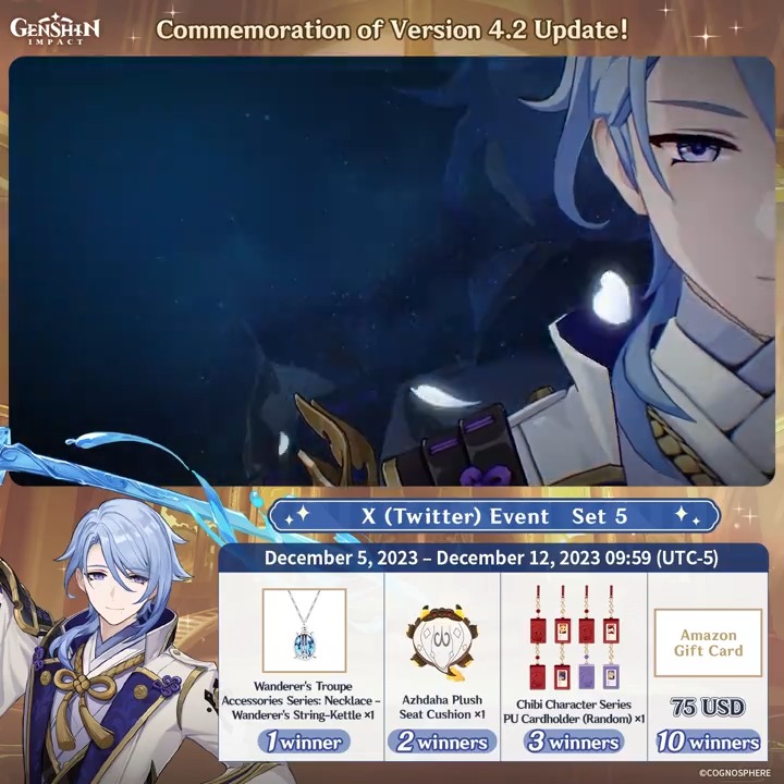 ✨Day 4✨ Commemoration of Version 4.2 Update! #GenshinImpact X (Twitter) Event - Set 5 How to Participate: ① Follow Genshin Impact ② Retweet this post And you can instantly receive the event results! Event Rules: #FollowGenshinImpact