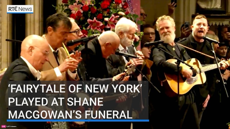 A rousing performance of 'Fairytale of New York' was given by Glen Hansard and Lisa O'Neill at the funeral of Shane MacGowan in Nenagh, Co Tipperary. The performance was greeted by cheers inside and outside the church |